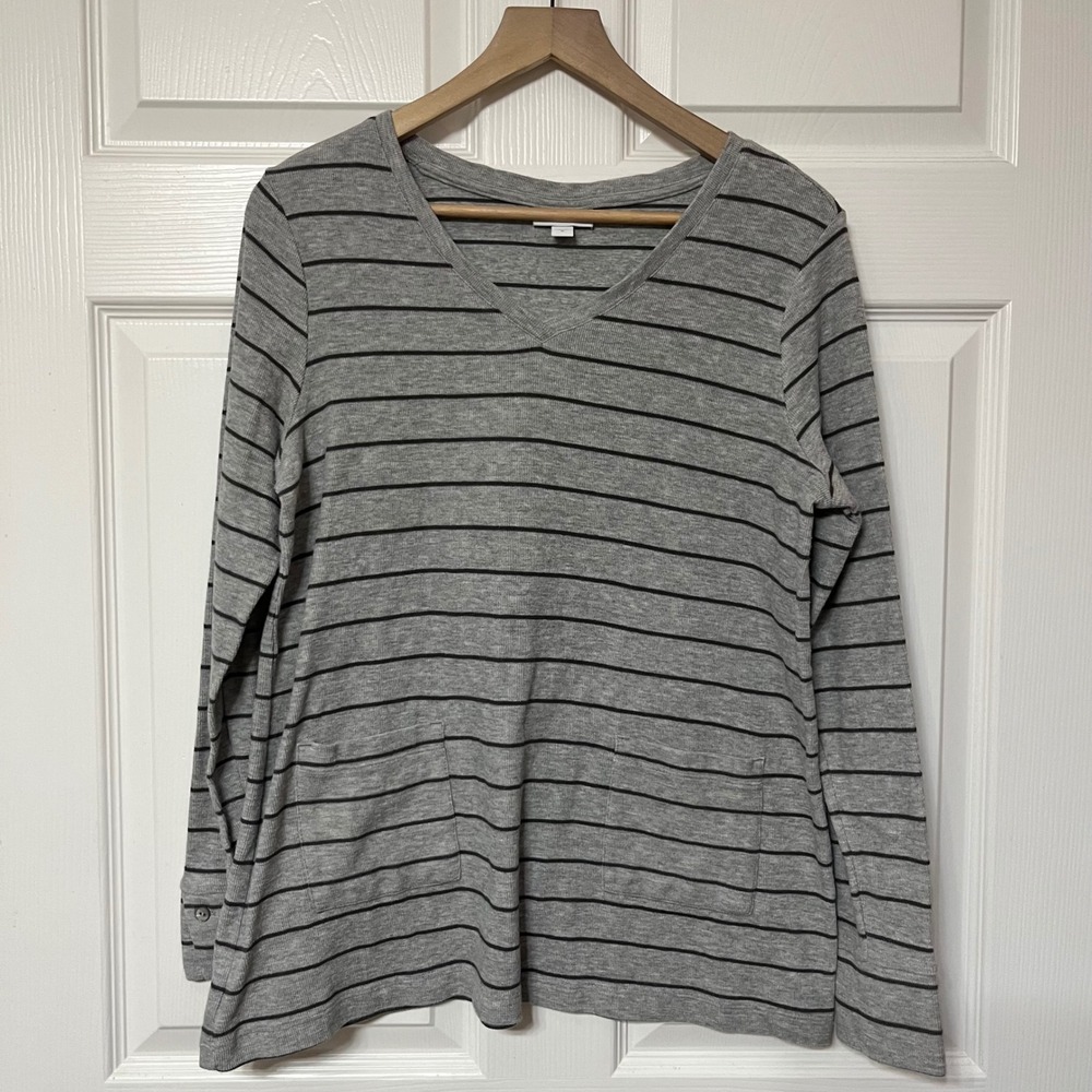 J Jill Gray Black Striped Long Sleeve‎ V Neck Pocket Cotton Blend Top Women M